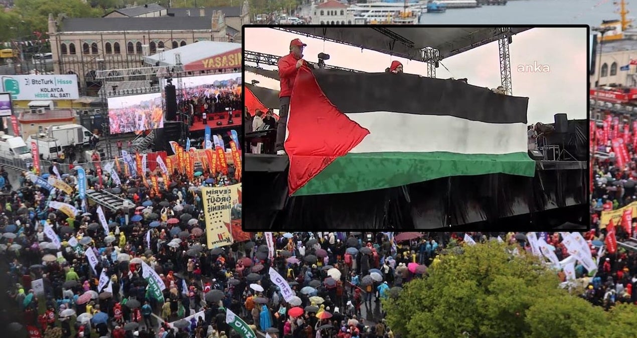 1 Mayıs mitinginde Filistin bayrağı açıldı
